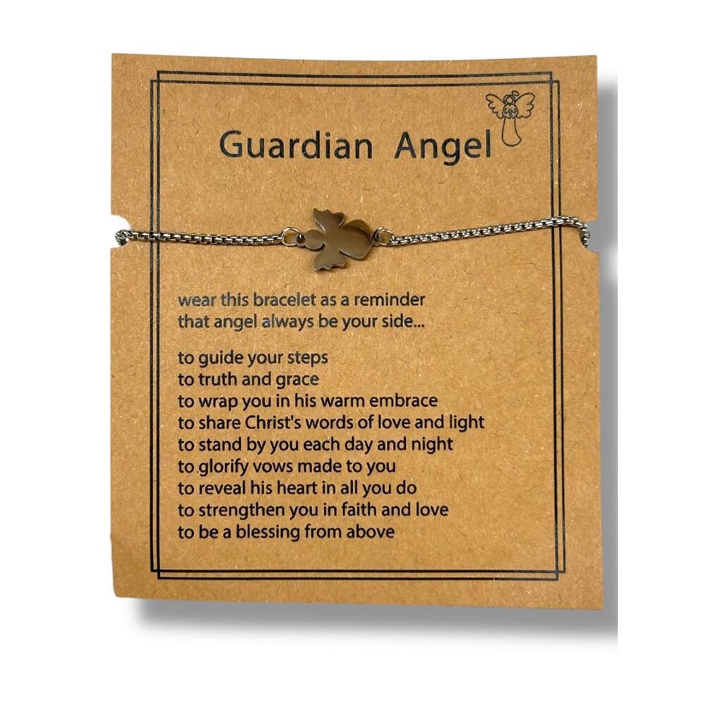New Guardian Angel Silvertone Adjustable Slide Pull Bracelet on‎ Card